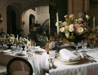 Wedding tablescape styled with vintage silver, glassware, and florals
