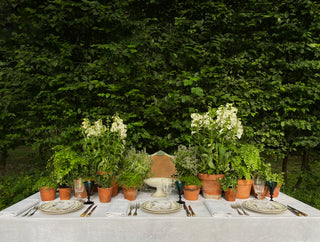 Antique table setting with green glasses and terracotta pots filled with flowers