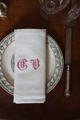 Set of 6 antique French damask napkins with red GV embroidered monogram