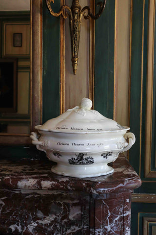 18th century English creamware tureen with shepherd and floral scenes, inscribed 1781