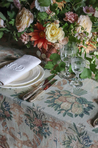 Elegant tapestry style tablecloth with trellised flowerpots and fruit motifs