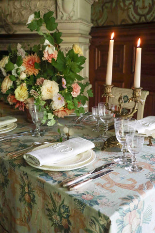 Buy tapestry style tablecloth in sage, peach, and patina blue – made in the UK