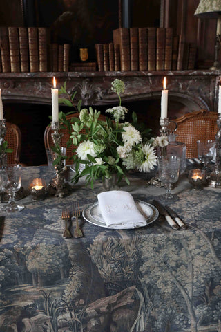 Cotton linen tablecloth inspired by 17th century French and Belgian verdure tapestries
