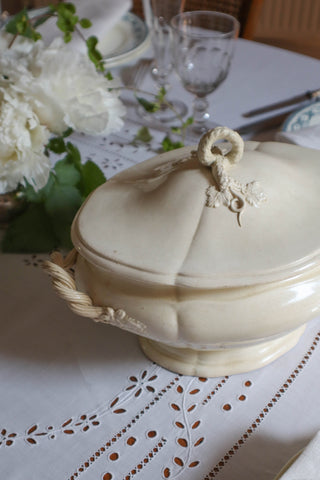 Antique French earthenware tureen with sculpted grapes and goldsmith-inspired details