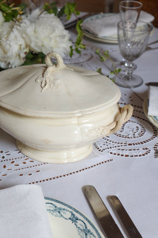 Antique French tureen for sale – covered earthenware with grape motif handle