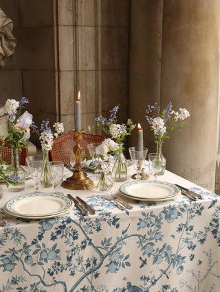 Cotton linen chinoiserie tablecloth in willow blue with 18th century inspired design