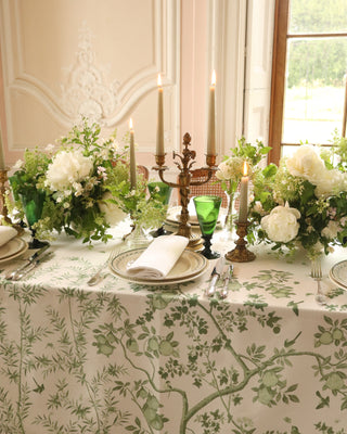 Chinoiserie tablecloth with trailing branches, butterflies, and exotic birds