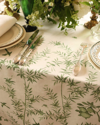 Decorative chinoiserie tablecloth – celadon green cotton linen blend
