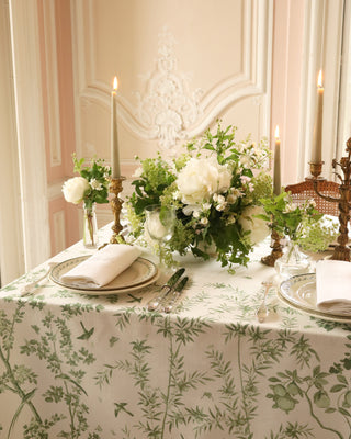 Cotton linen chinoiserie tablecloth in celadon green with 18th century design