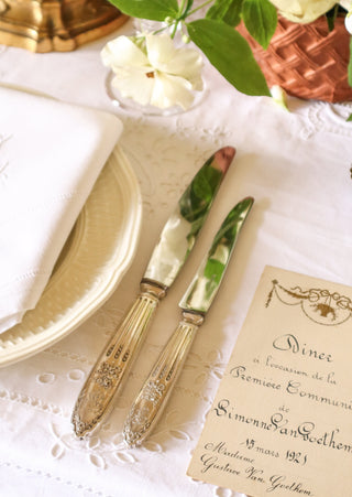 French sterling silver knife set with floral ribbon motif and GL monogram - shop antique tableware