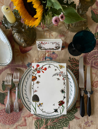 Antique-style menu cards with 18th century insect and botanical illustrations