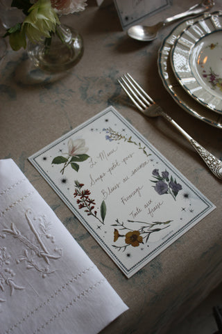 Antique-inspired menu cards for dining table – Star Garden floral watercolour design