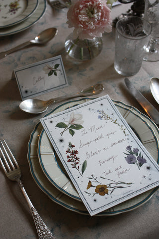 Set of 6 Star Garden antique-style menu cards with floral and star watercolour border