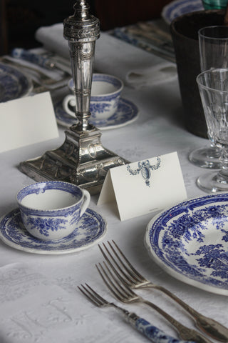 Set of 6 antique-style Delft tile place cards in blue and white design