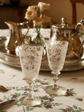 Antique etched wine glass with castle and stag scene and initials SB