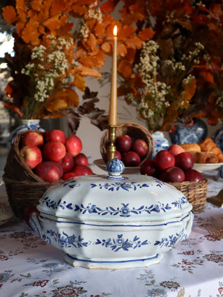 Antique blue and white tureen with hand-painted floral motifs on autumn table