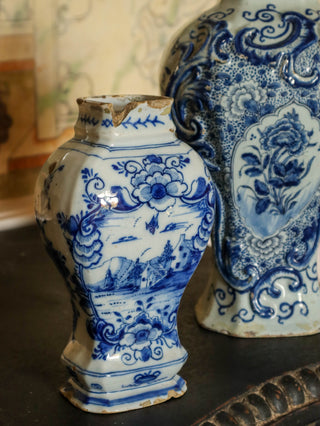 Hand-painted Dutch Delft pottery vases in cobalt blue