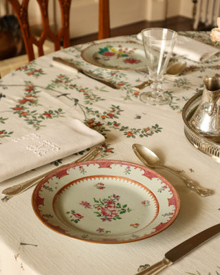 Antique Compaignes des Indes plate on chinoiserie floral tablecloth. Hire Vintage tableware London. Shop Antique tableware London. 