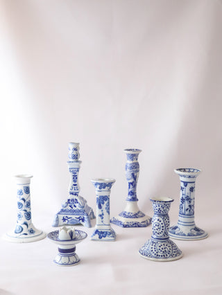 Vintage blue and white ceramic candlesticks rental London
