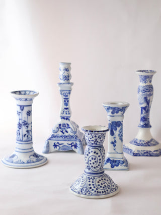 Blue and white porcelain candlesticks for event hire London