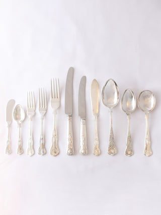 Vintage King’s pattern dinner knives styled for formal wedding table setting to hire