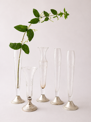 Antique glass bud vase set of five with honeysuckle, angled view. buy antique bus vases online. worldwide shipping antiques.