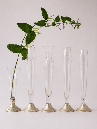 Set of five antique etched glass bud vases with sterling silver bases, styled with honeysuckle stem. antique for sale UK