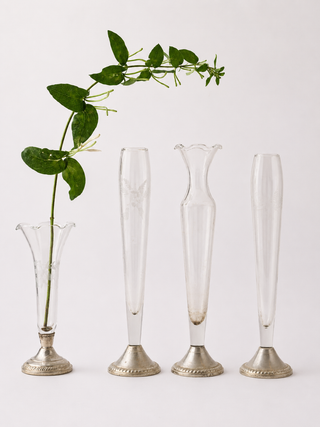 Base detail of antique etched glass bud vases showing sterling silver weighted bases. antique bud vases for sale. 