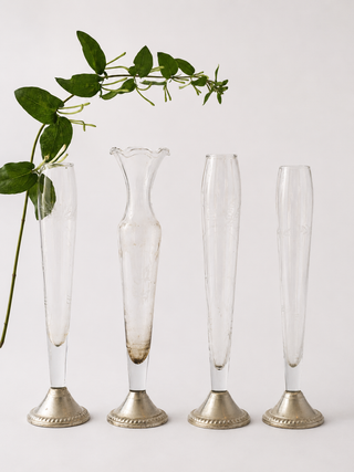 Antique etched bud vase collection with silver bases, varied arrangement. shop antiques online worldwide shipping 