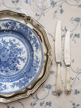 Underside of an antique chinoiserie transferware plate showing unmarked base