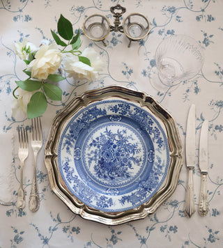 Antique blue and white transferware plate held to show scale against a hand