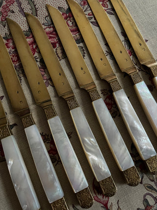 FRENCH ANTIQUE GOLD & M.O.P. CHEESE KNIVES - SET OF 8