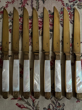 FRENCH ANTIQUE GOLD & M.O.P. CHEESE KNIVES - SET OF 8