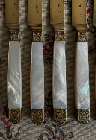 FRENCH ANTIQUE GOLD & M.O.P. CHEESE KNIVES - SET OF 8