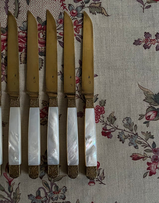 FRENCH ANTIQUE GOLD & M.O.P. CHEESE KNIVES - SET OF 8