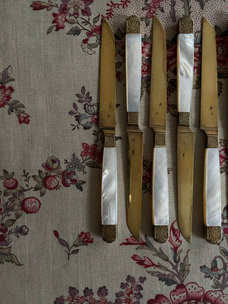 FRENCH ANTIQUE GOLD & M.O.P. CHEESE KNIVES - SET OF 8