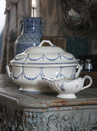 antique blue and white sauciere and antique painted tureen 